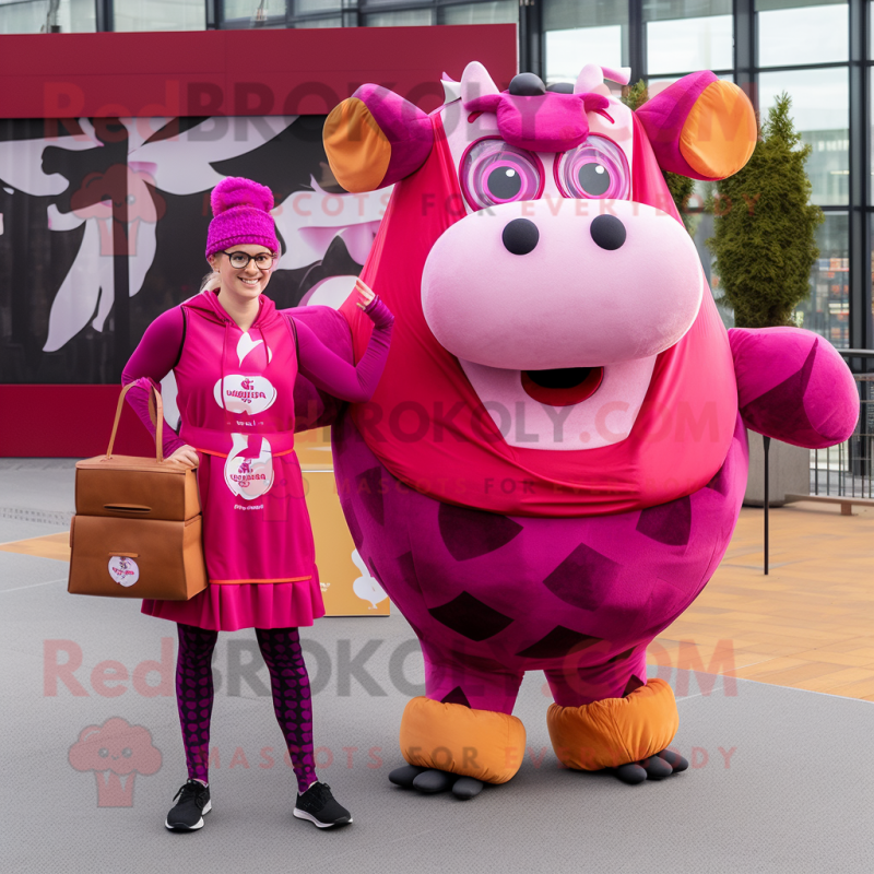 Magenta Beef Wellington mascot costume character dressed with a Leggings and Coin purses