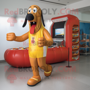 Rust Hot Dog mascot costume character dressed with a Joggers and Foot pads