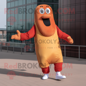 Rust Hot Dog mascot costume character dressed with a Joggers and Foot pads