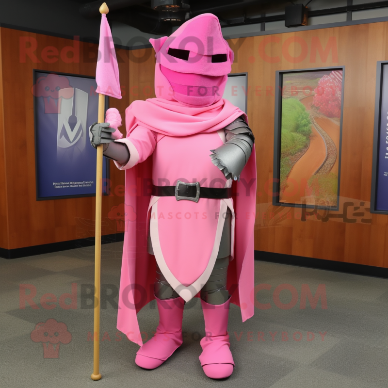 Pink Medieval Knight mascot costume character dressed with a Wrap Dress and Scarf clips Pink Medieval Knight mascot costume character dressed with a Wrap Dress and Scarf clips