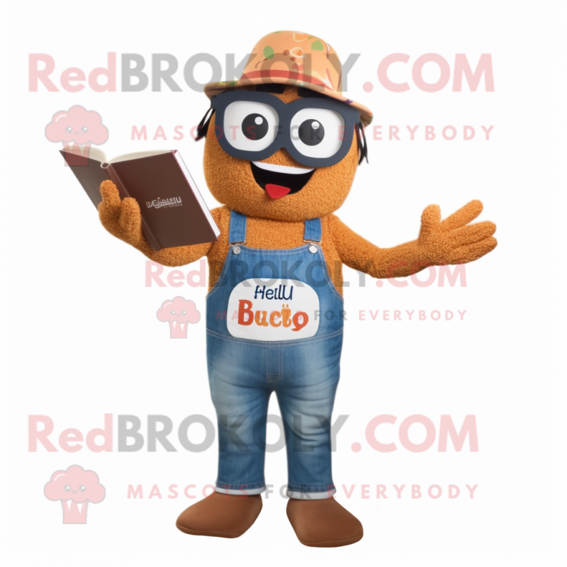 Rust Paella mascot costume character dressed with a Mom Jeans and Reading glasses Rust Paella mascot costume character dressed with a Mom Jeans and Reading glasses