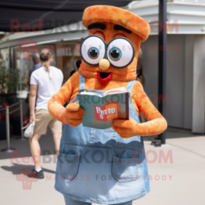 Rust Paella mascot costume character dressed with a Mom Jeans and Reading glasses