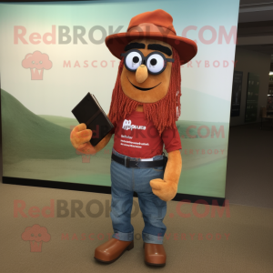 Rust Paella mascot costume character dressed with a Mom Jeans and Reading glasses