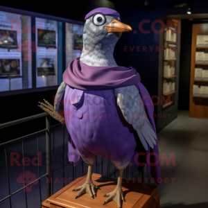 Purple Passenger Pigeon mascot costume character dressed with a Henley Shirt and Shawl pins