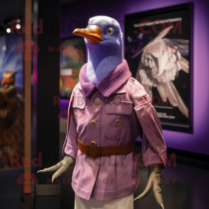 Purple Passenger Pigeon mascot costume character dressed with a Henley Shirt and Shawl pins