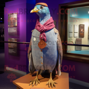 Purple Passenger Pigeon mascot costume character dressed with a Henley Shirt and Shawl pins