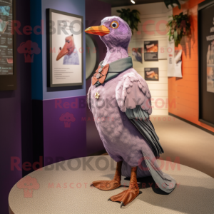 Purple Passenger Pigeon mascot costume character dressed with a Henley Shirt and Shawl pins