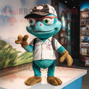 nan Lizard mascot costume character dressed with a Rugby Shirt and Eyeglasses