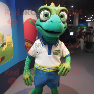 nan Lizard mascot costume character dressed with a Rugby Shirt and Eyeglasses