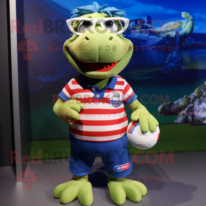 nan Lizard mascot costume character dressed with a Rugby Shirt and Eyeglasses