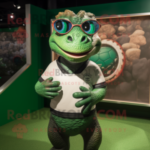 nan Lizard mascot costume character dressed with a Rugby Shirt and Eyeglasses