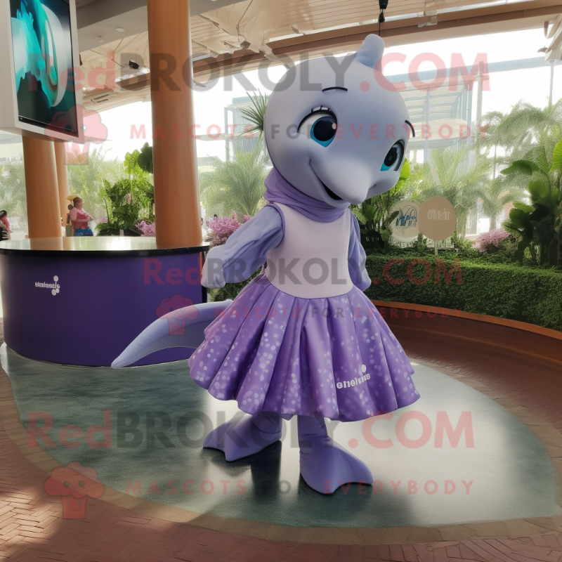 Lavender Dolphin mascot costume character dressed with a Circle Skirt and Anklets Lavender Dolphin mascot costume character dressed with a Circle Skirt and Anklets