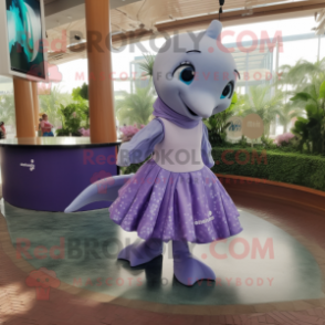 Lavender Dolphin mascot costume character dressed with a Circle Skirt and Anklets