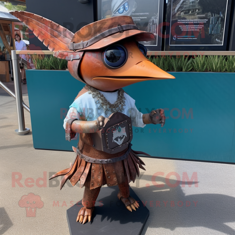 Rust Swordfish mascot costume character dressed with a Mini Skirt and Bracelet watches