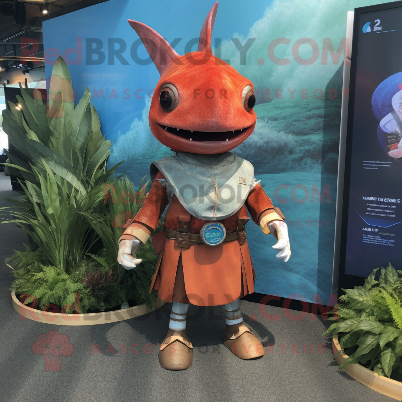 Rust Swordfish mascot costume character dressed with a Mini Skirt and Bracelet watches