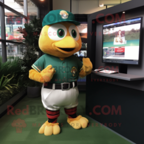 Forest Green Butter Chicken mascot costume character dressed with a Baseball Tee and Digital watches