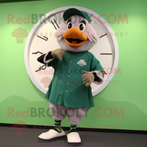 Forest Green Butter Chicken mascot costume character dressed with a Baseball Tee and Digital watches