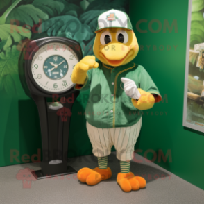 Forest Green Butter Chicken mascot costume character dressed with a Baseball Tee and Digital watches