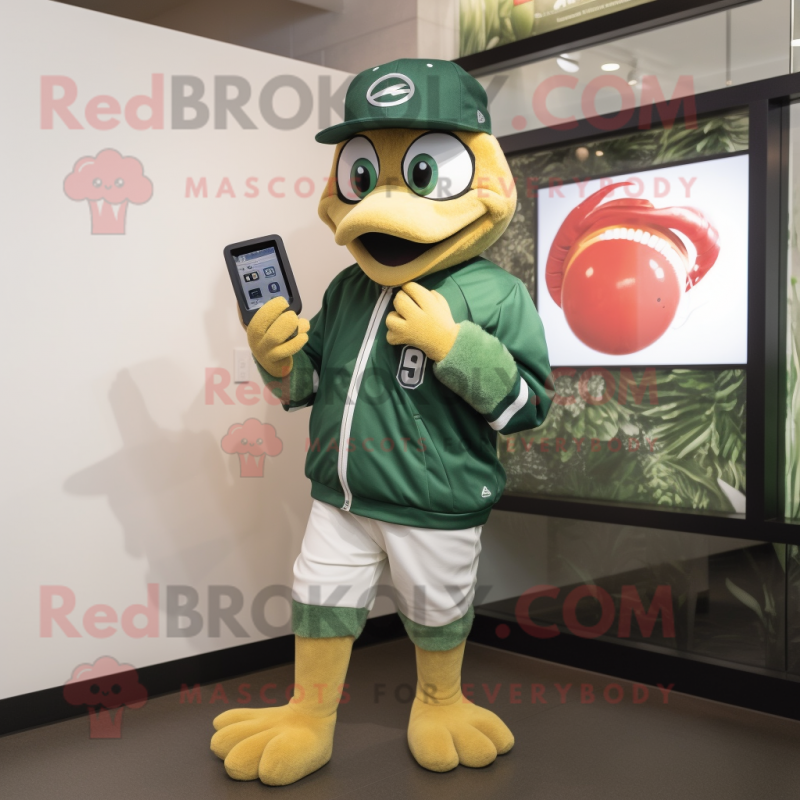 Forest Green Butter Chicken mascot costume character dressed with a Baseball Tee and Digital watches Forest Green Butter Chicken mascot costume character dressed with a Baseball Tee and Digital watches