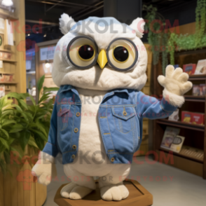 Cream Owl mascot costume character dressed with a Denim Shirt and Earrings