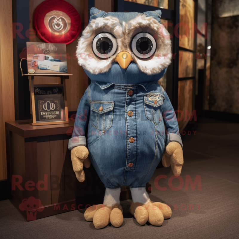 Cream Owl mascot costume character dressed with a Denim Shirt and Earrings
