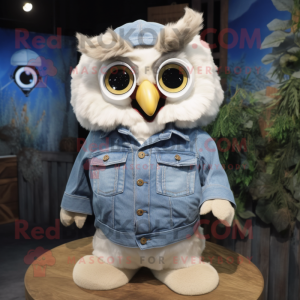 Cream Owl mascot costume character dressed with a Denim Shirt and Earrings