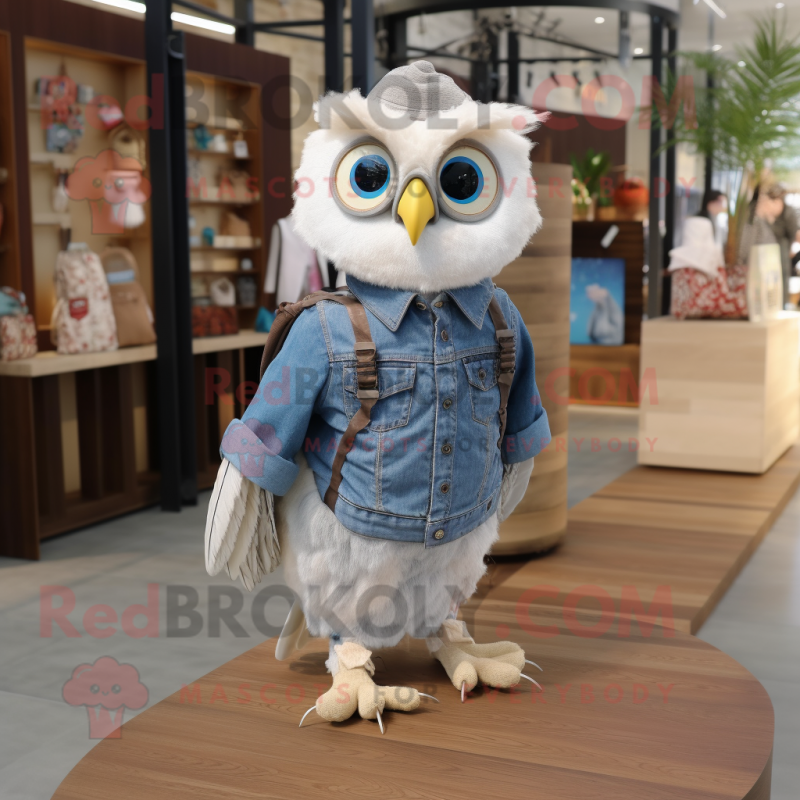 Cream Owl mascot costume character dressed with a Denim Shirt and Earrings