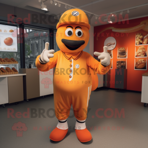 Orange Currywurst mascot costume character dressed with a V-Neck Tee and Berets