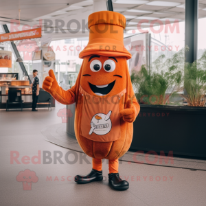 Orange Currywurst mascot costume character dressed with a V-Neck Tee and Berets