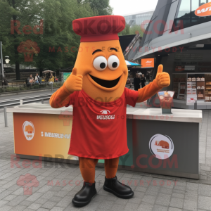 Orange Currywurst mascot costume character dressed with a V-Neck Tee and Berets