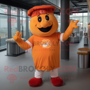 Orange Currywurst mascot costume character dressed with a V-Neck Tee and Berets