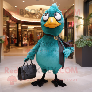Turquoise Blackbird mascot costume character dressed with a Jumpsuit and Handbags