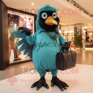 Turquoise Blackbird mascot costume character dressed with a Jumpsuit and Handbags