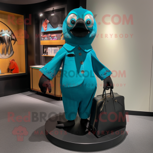 Turquoise Blackbird mascot costume character dressed with a Jumpsuit and Handbags