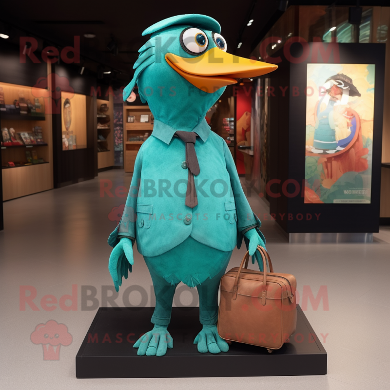 Turquoise Blackbird mascot costume character dressed with a Jumpsuit and Handbags