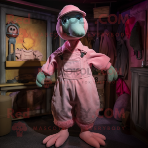 Pink Dodo Bird mascot costume character dressed with a Dungarees and Caps