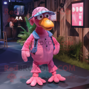 Pink Dodo Bird mascot costume character dressed with a Dungarees and Caps