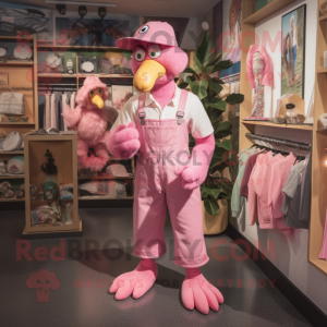 Pink Dodo Bird mascot costume character dressed with a Dungarees and Caps