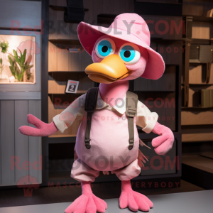 Pink Dodo Bird mascot costume character dressed with a Dungarees and Caps