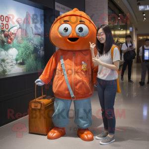 Rust Mandarin mascot costume character dressed with a Mom Jeans and Earrings