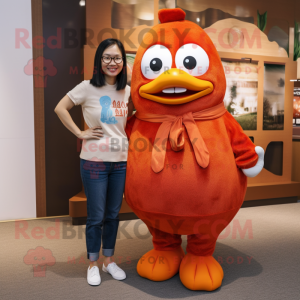 Rust Mandarin mascot costume character dressed with a Mom Jeans and Earrings