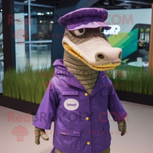 Purple Crocodile mascot costume character dressed with a Raincoat and Caps