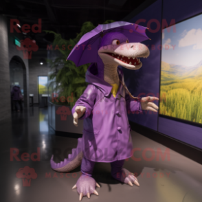 Purple Crocodile mascot costume character dressed with a Raincoat and Caps