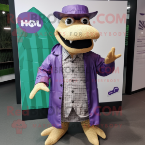 Purple Crocodile mascot costume character dressed with a Raincoat and Caps