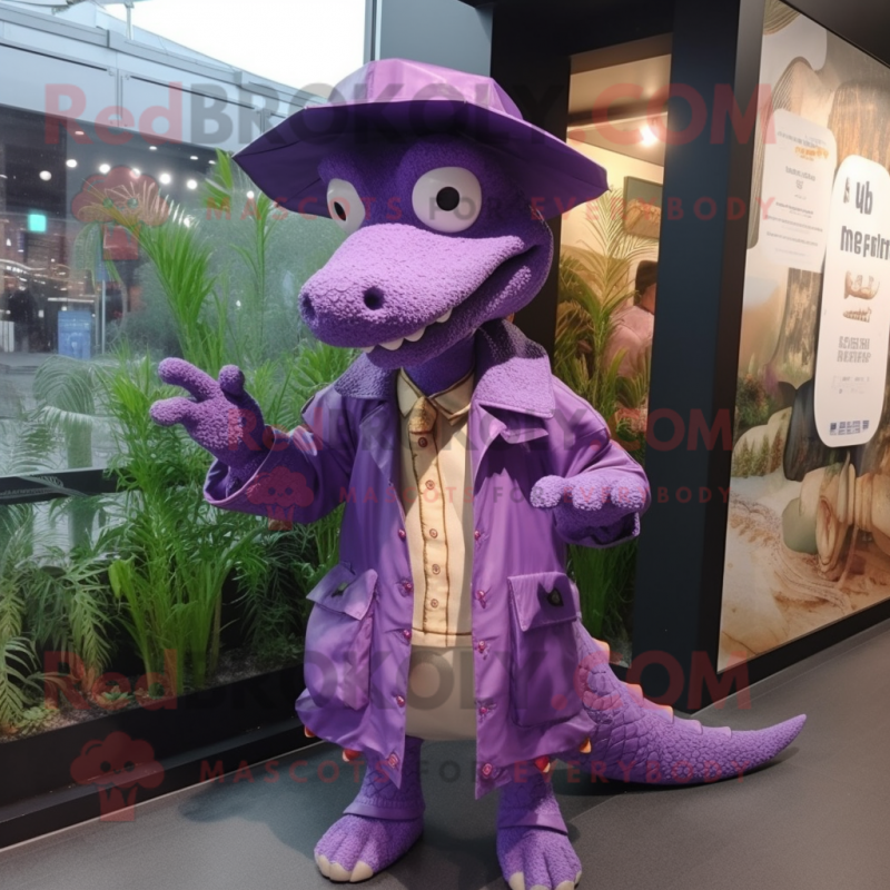 Purple Crocodile mascot costume character dressed with a Raincoat and Caps Purple Crocodile mascot costume character dressed with a Raincoat and Caps