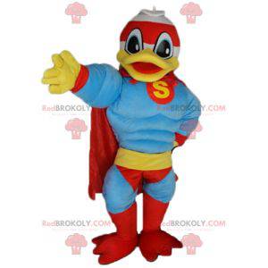 Mascote famoso do pato Donald vestido de super-herói -