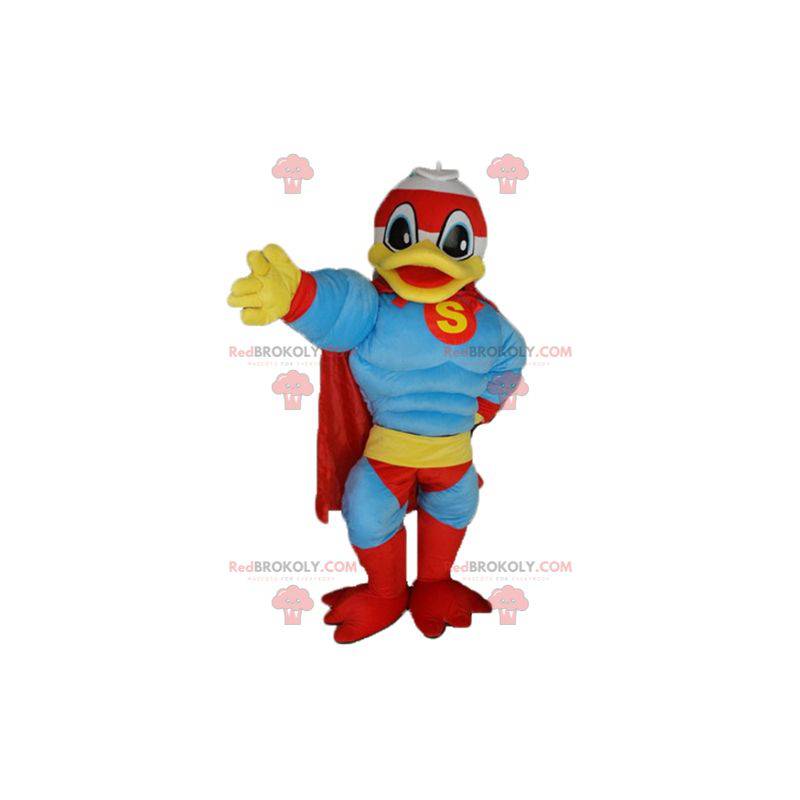 Mascote famoso do pato Donald vestido de super-herói -
