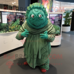 Green Trilobite mascot costume character dressed with a Blouse and Shawls