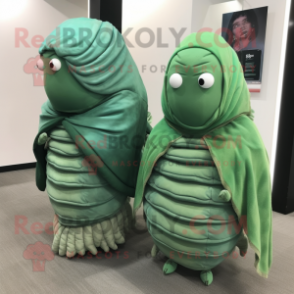 Green Trilobite mascot costume character dressed with a Blouse and Shawls