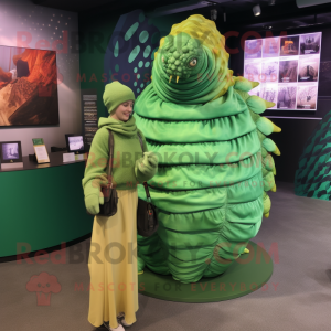 Green Trilobite mascot costume character dressed with a Blouse and Shawls